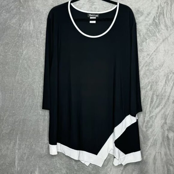 Creation 3X Shirt Top Black Solid 3/4 Sleeve Scoop Neck Asymmetrical Hem Stretch - Picture 1 of 6